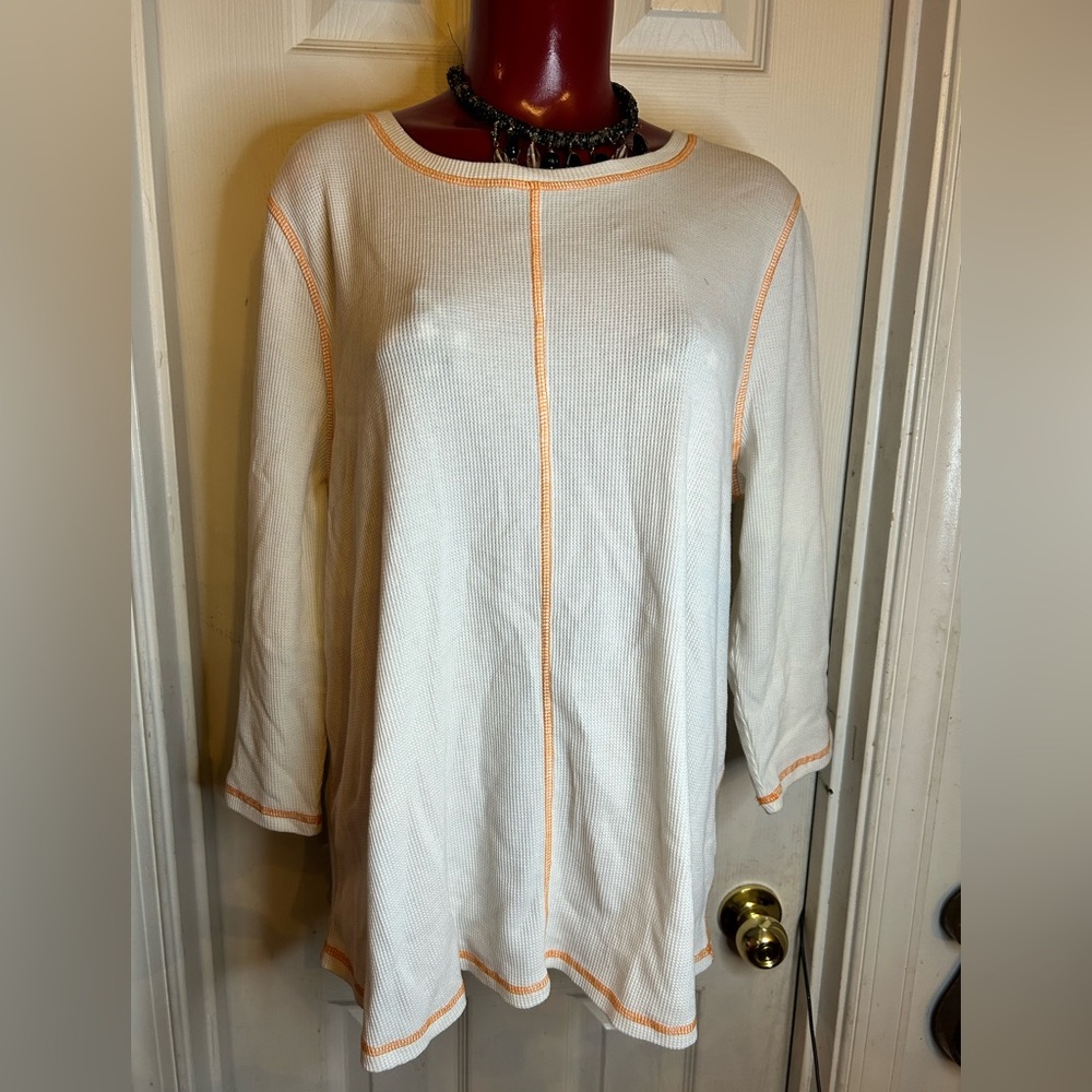 STYLE & CO THERMAL TOP -PLUS SIZE 2X- IVORY W/ ORANGE TRIM - ROUND NECK- L/S